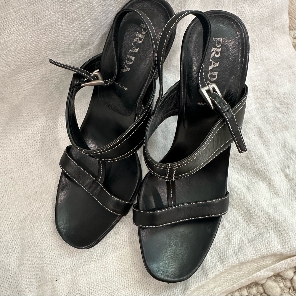 Prada black leather sling back high heels sandals - Picture 5 of 12